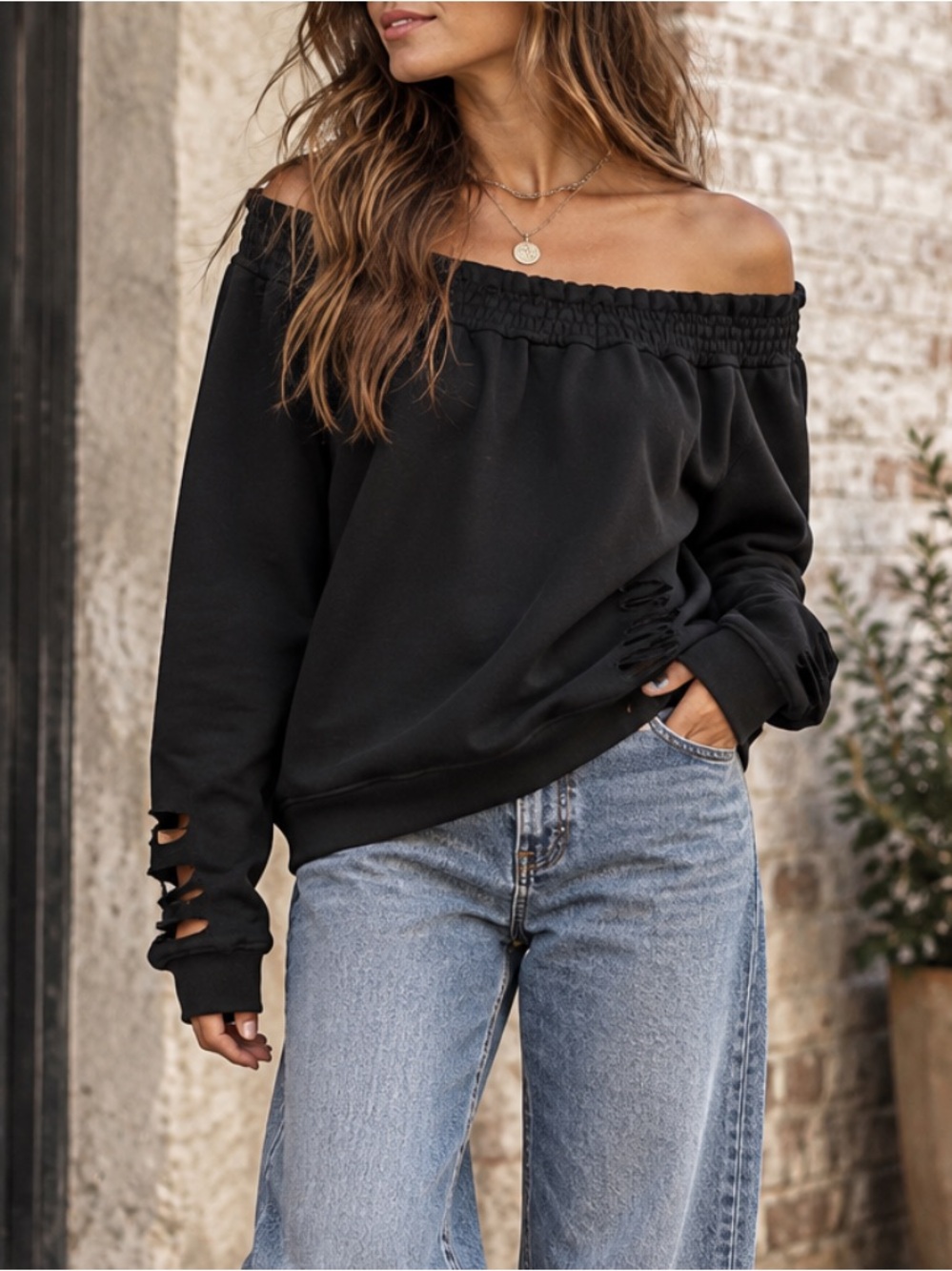 Pam & Gela Distressed Off The Shoulder Sweatshirt